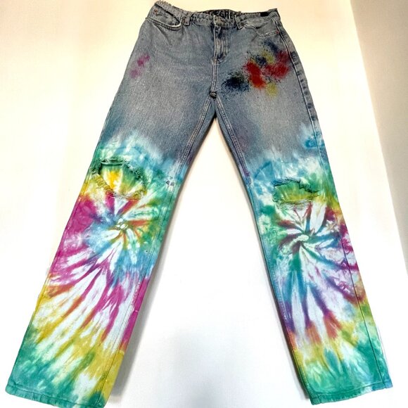 🎨 Custom Tie-Dye “Free Speech” Jeans – Boyfriend Fit – Size 8 – Summer Vibe! - Picture 1 of 6